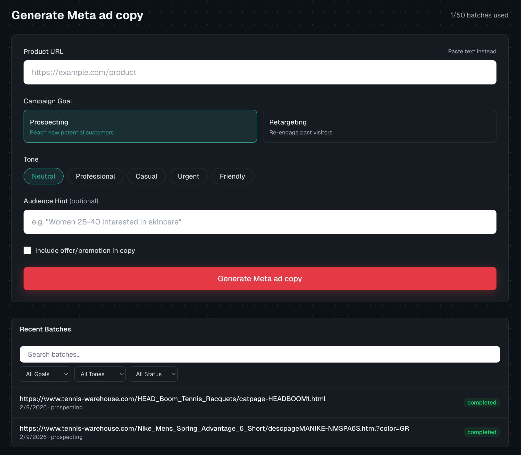 AdPipe dashboard showing Meta ad copy generation interface